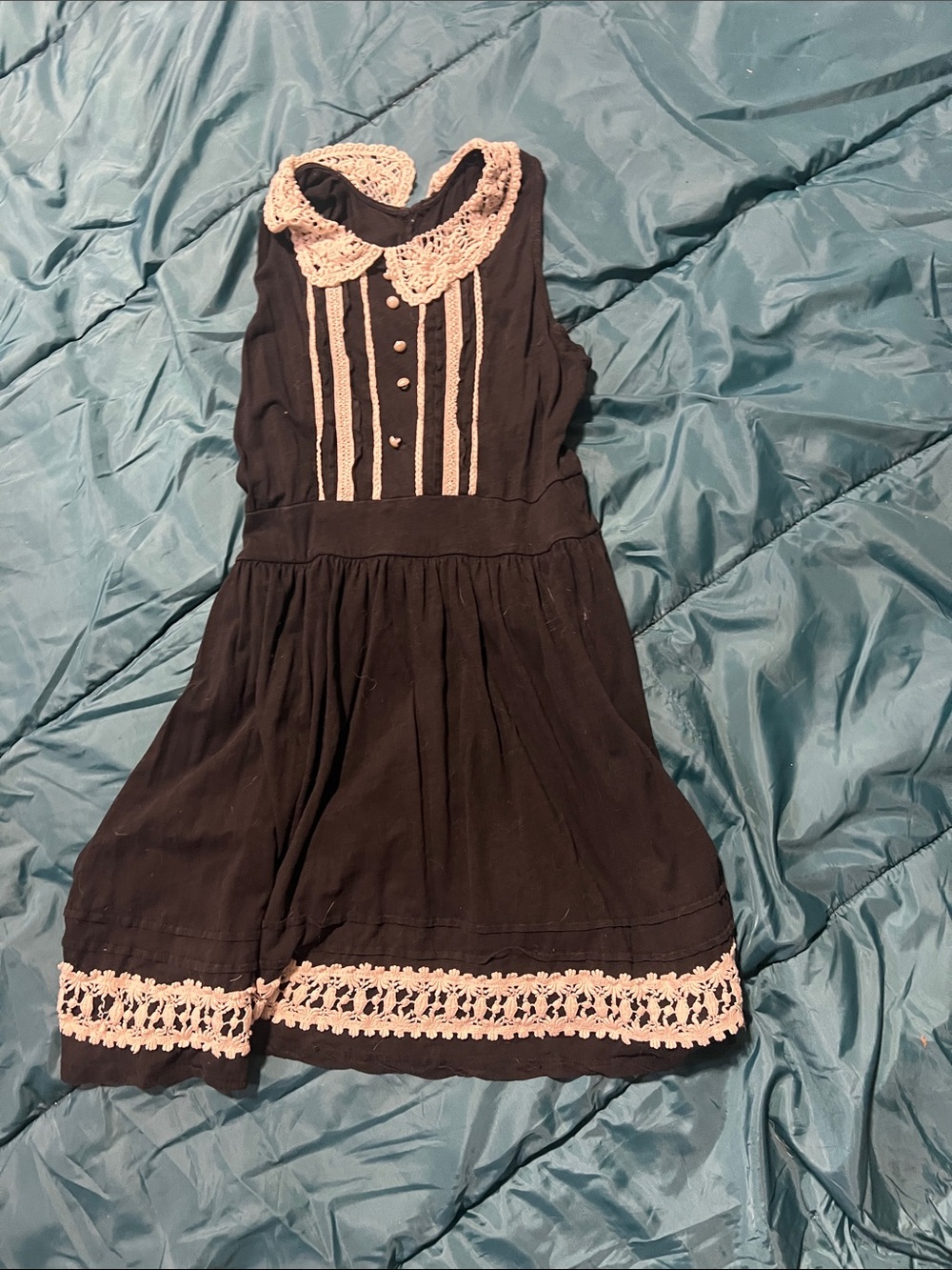 Girls Black Dress with Cream Lace Collar and Trim